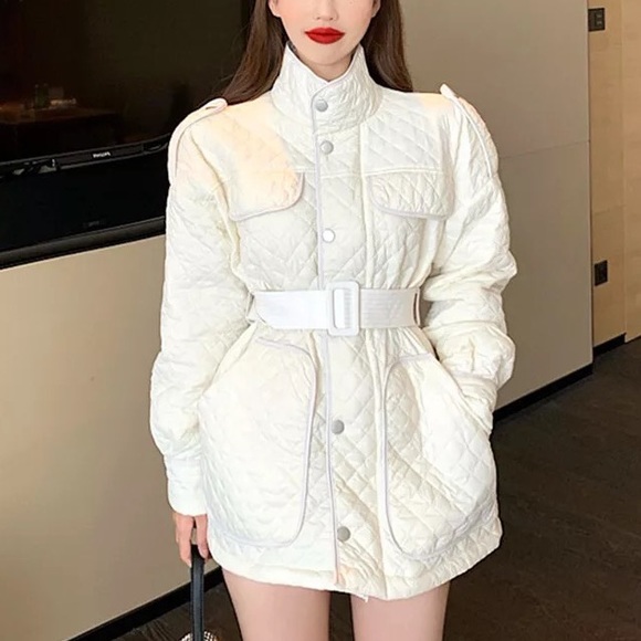 Quilted Jacket coat pocket belt British fashion white button winter outerwear - Picture 5 of 13